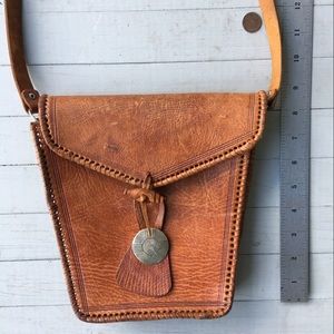 VINTAGE brown leather hand-stitched  purse handbag w/silver concho Made in Peru?